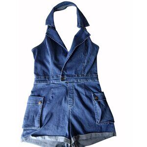 Mebon Denim Halter Neck Romper Button Pocket Size L Zipper Back Rolled Hem